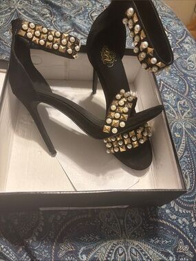 Liliana Black High Heel Sandals with Gold Studs and Pearl Embellishments